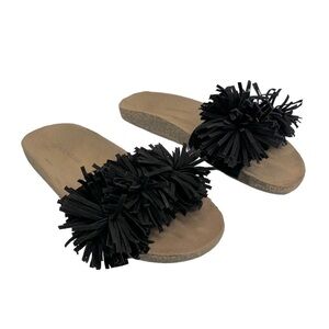 Musse & Cloud Black & Tan Fringe Pom Pom Suede Slides Sandals